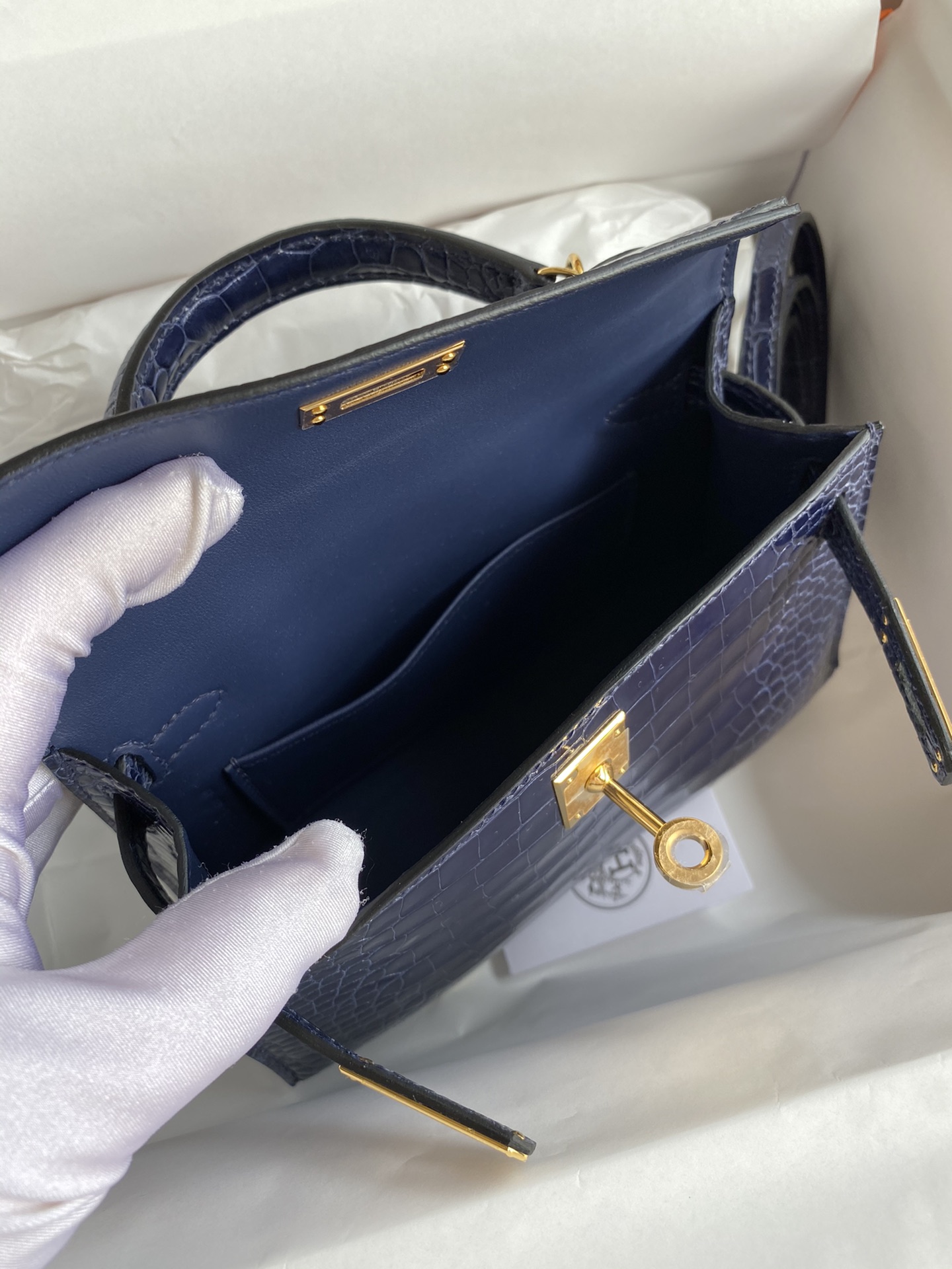 Hermes Kelly Mini II Bag 19CM In Blue Sapphire Shiny Alligator Leather